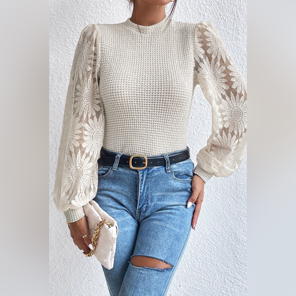 Beige Sunflower Mesh Bubble Sleeve Waffle Knit Top Bohemian Sweater Blouse
